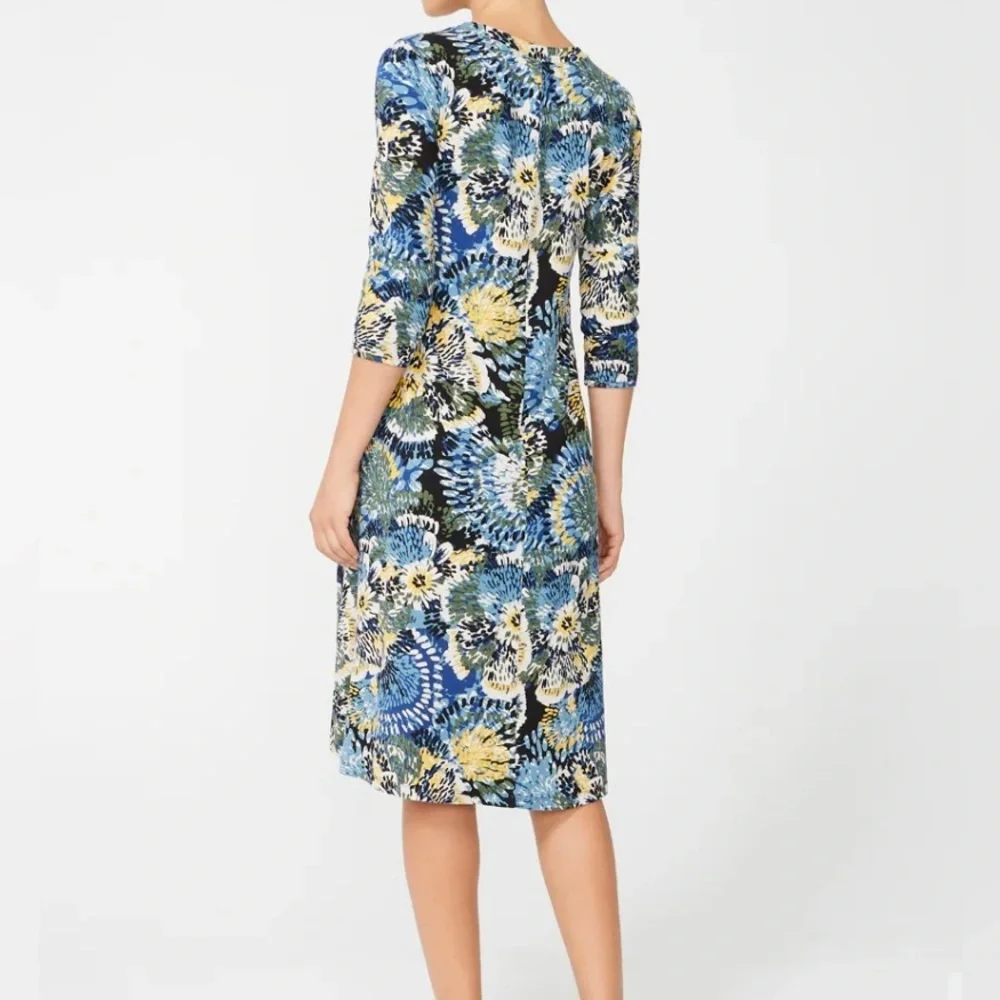 Chico's Blue, Yellow & Green Floral V‑Neck Midi Dress
